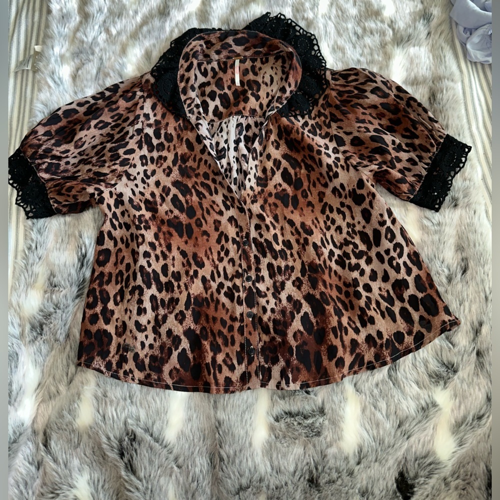 Free People My Love Printed Blouse Leopard combo sz small - Picture 5 of 9